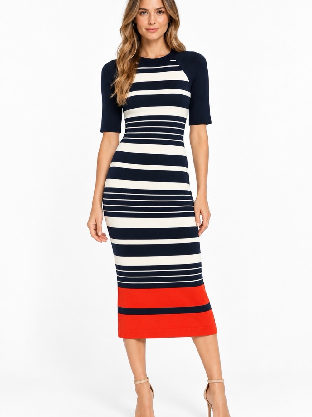 MICHAEL Michael Kors Navy, White & Red Striped Midi Dress